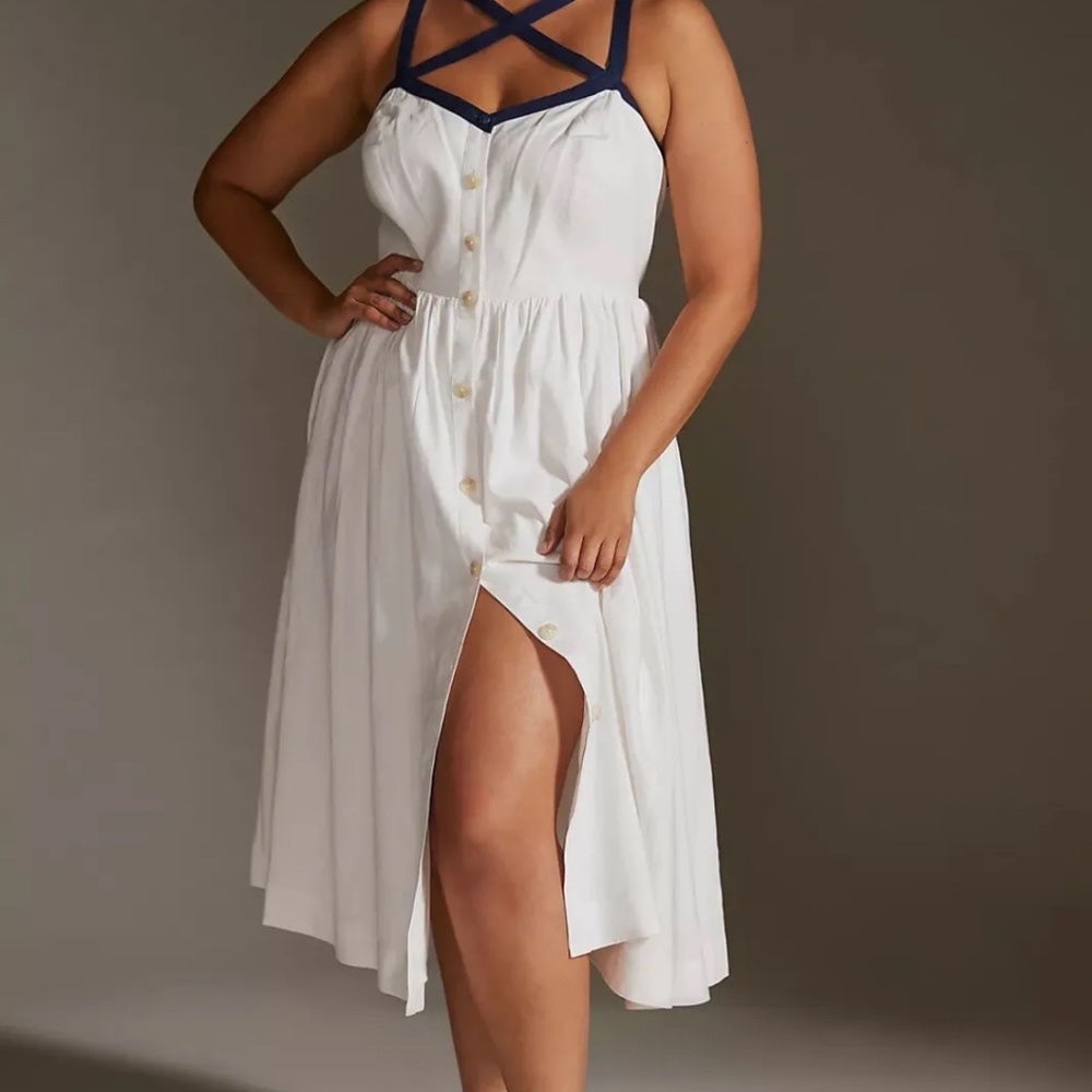 MAEVE Anthropologie White Strappy Button Down Linen Blend Midi Dress sz 22W